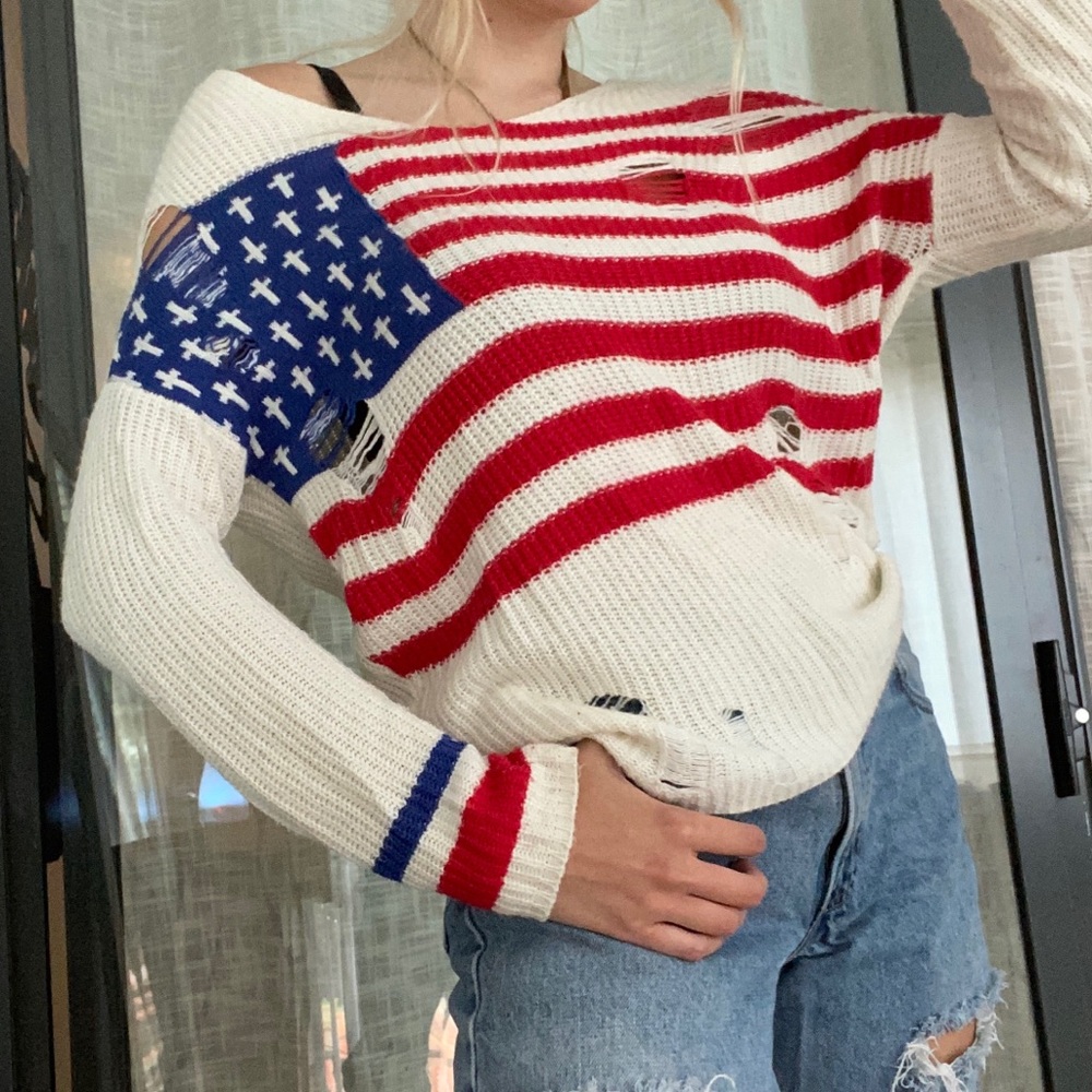 UNIF 🖤 Religion USA Knit Distressed Sweater Sz L